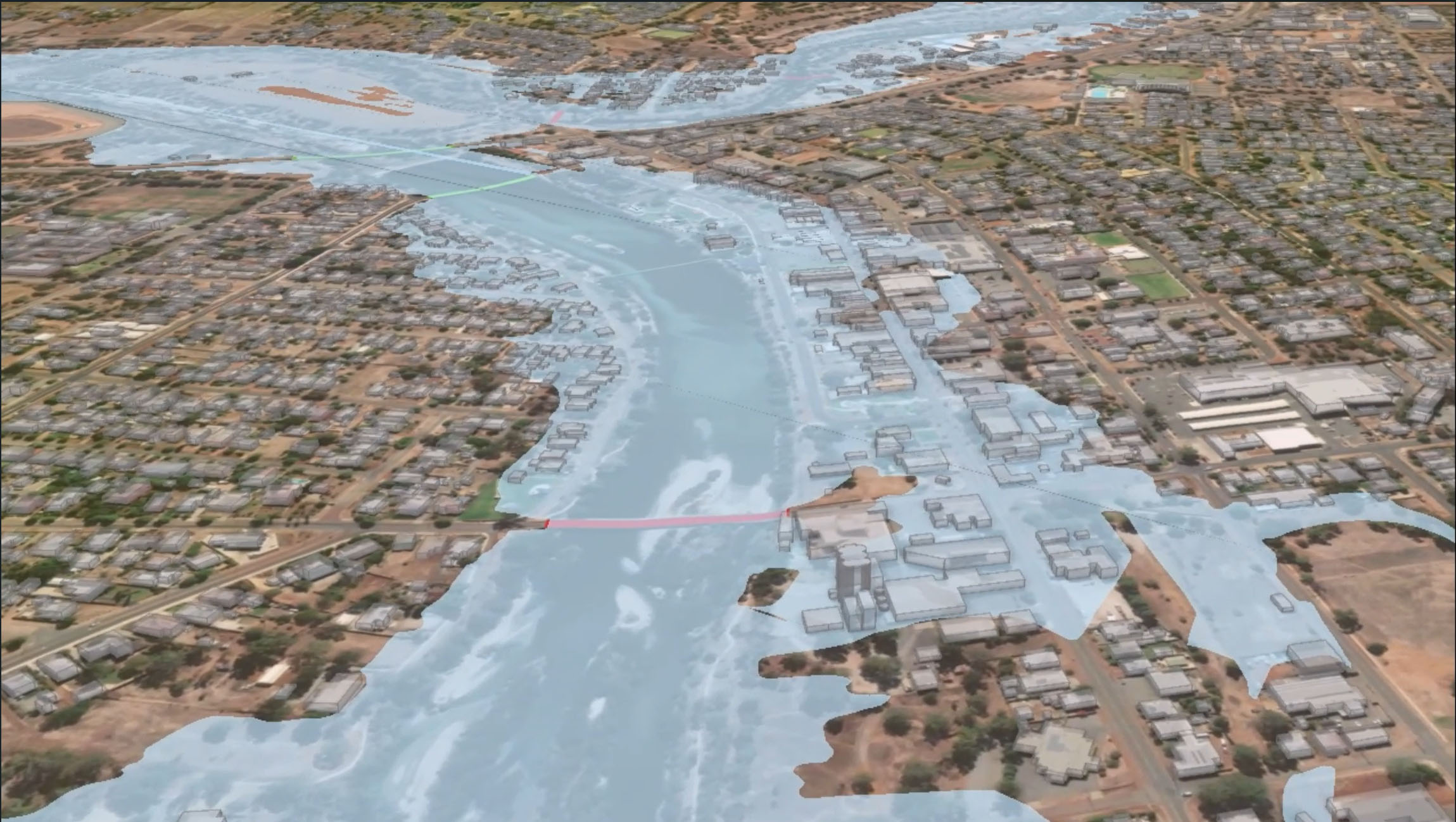 3D simulation modelling of a flood incident along an urban river.